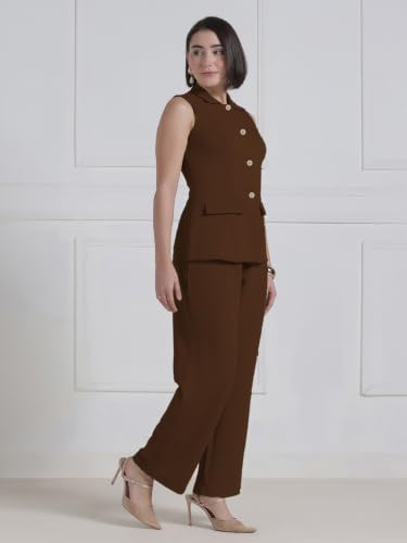 Image of Selvia Beige Lycra Textured Co-ord Set for Women, Button Front Waist Top and Trouser Pant