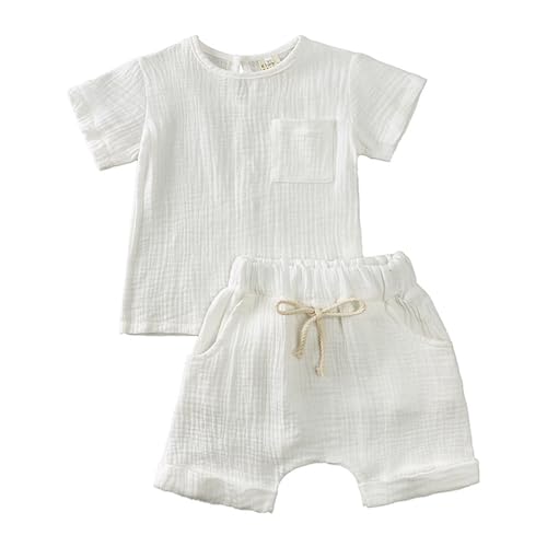 Conjunto de ropa de lino de manga corta para bebé, niño, niña, camiseta de manga corta, pantalones cortos elásticos, 2 piezas, ropa casual de, Blanco, 66 cm