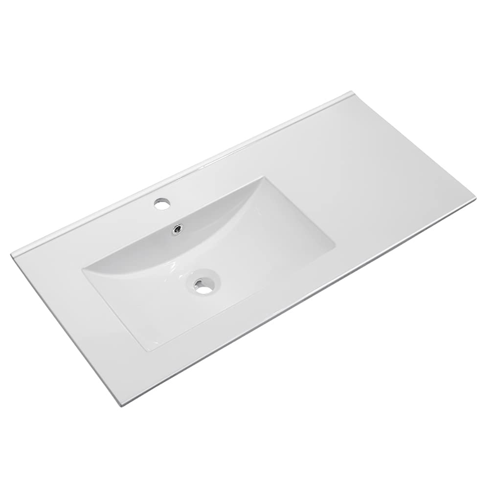 Lavabo Encimera Cerámico Blanco | Seno DESPLAZADO Izquierda Rectangular | Pila Lavamanos 101x46 cm | Compatible con Mueble de Baño 100x45 cm, con Rebosadero, con Orificio Grifo