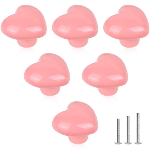 ShipeeKin 6X Cute Glossy Ceramic Knobs Pink Love Heart Shape Lovely Door Pull Knob Cabinet Closet Ceramic Drawer Cupboard Kitchen Dresser Kids Child Bedroom Pulls Wardrobe Handles