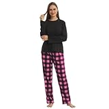 LNFINTDO Pigiama da donna in pile con top a maniche lunghe e pantaloni pigiama a quadri morbidi indumenti da notte per il tempo libero caldo set 2 pezzi, Nero + rosa, M