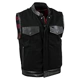 Milwaukee Leather USA MADE MLVSM5101 Men's Black 'Burn Out' Denim and Leather Vest with Plaid Red Lining - Large