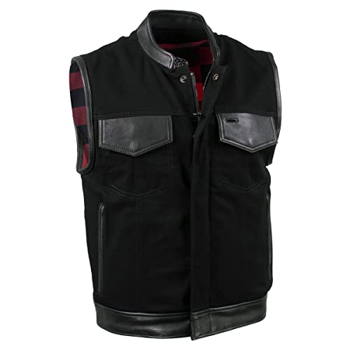 Milwaukee Leather Usa Made Mlvsm5101 Men's Black 'Burn Out' Denim And Leather Vest With Plaid Red Lining - Medium #TOP5