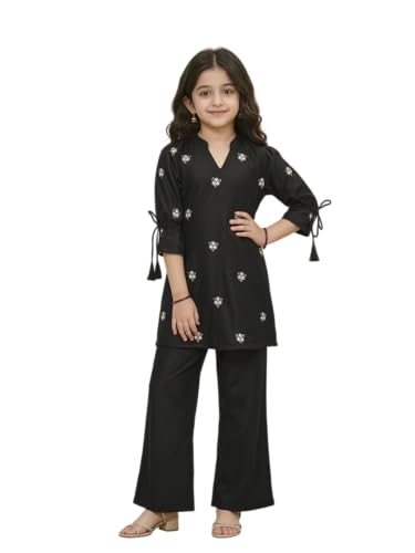 BHOLUKART Kids Girls Kurta Palazzo set for girls,Embroidered Kurti set, Tie-Up Sleeve Detailing And Traditional design matching Co-ordinated outfit (IN, Age, 7 Years, 8 Years, Regular, Black)