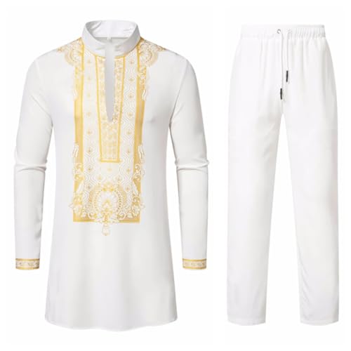 Men's African Work Suit Set 2 Pieces Dashiki Shirt with Trouser Gold Bronzing Print Wedding Outfit2