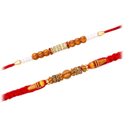 Image of Peora Rakhshabandhan Thread Rakhi for Brother Bhaiya | Kundan Beads & Crystal Studded | Combo Set of 2 | Rakhi Hamper Roli Chawal & Greeting Card