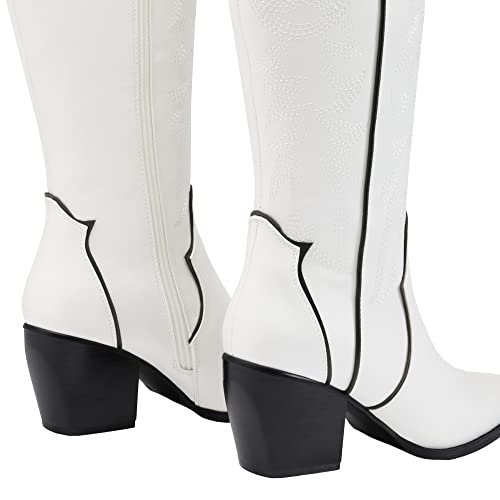 Image of DREAM PAIRS Womens Cowboy Boots Wide Calf Comfortable Pull On Zipper Chunky Heel Pointed Toe Embroidered Western Cowgirl Knee High Boots Ladies Retro Tall Boot