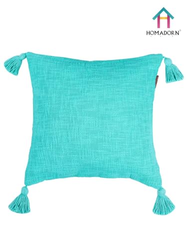 Image of HOMADORN Luxury Cotton Handmade Decorative Boho Throw Pillow Covers with Tassels for Sofa Couch Living Room Indoor Outdoor Chair Car Farmhouse (16X16 INCHES (Square), Turquoise (Pack of 2))