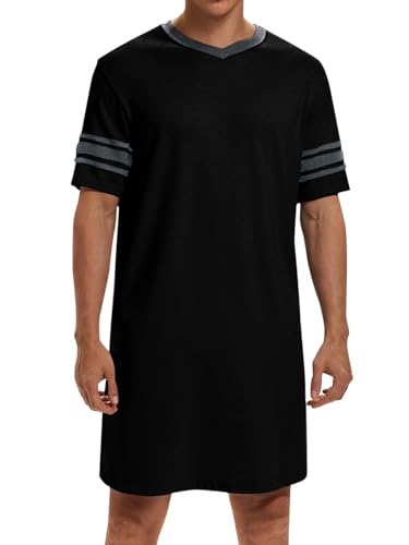 Runcati Mens Nightshirt Short Sleeve V Neck Sleep Shirt Soft Loose Fit Lounge Nightwear Sleepwear Pajama Black