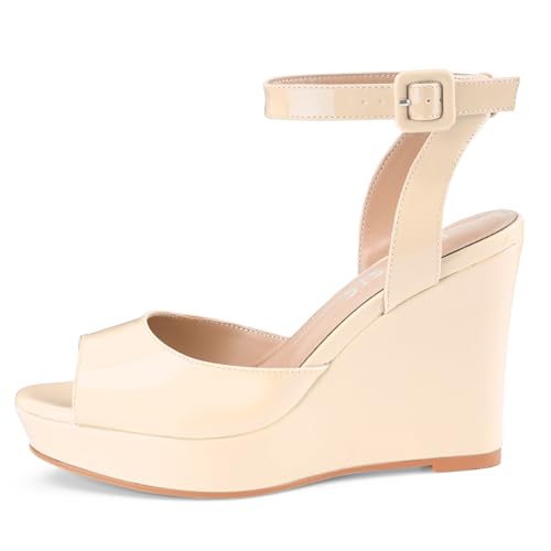 Image of Women's Dressy Platform Wedge Sandals Gold Wedges Peep Toe Patent High Heels Slingback Heeled Comfortable Ankle Strap Shoes