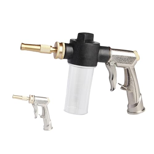 MOSIKEN Garden Hose Nozzle Sprayer with 3.5oz Plastic Soap Dispenser Bottle, Heavy Duty High Pressure Car Wash Foam Gun, Adjustable Nozzle for Gardening, Solar Panel Cleaning, Pet Showering (Silver)