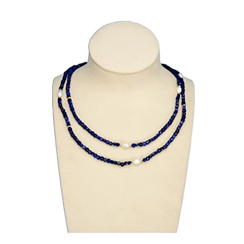 Collier lapis-lazuli 2 rangs en pierres naturelles facettées et perles de riz de haute joaillerie