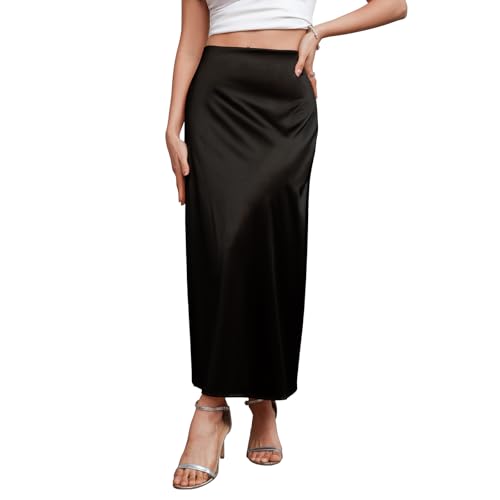 Satin Skirt High Waisted Maxi Skirts Silk A-Line Elegant Casual Work Cocktail Party Wedding Flowy Long Skirts