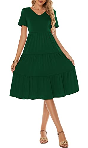 Image of Berydress Women's Casual Summer Tiered Midi Dress 2026 V Neck Boho Sundress | Short Sleeve Dresses for Women, Loose Ruffle Babydoll Style, Cotton Blend Fabric, for Church, Going Out, Beach Vacation
