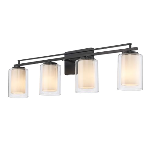 Image of TRANS GLOBE 22484 BK I Lisbon Collection 32 Inch Four-Light Bathroom Vanity - in a Black Finish | Metal Housing I Clear & Frosted Shades I Modern Contemporary Light Fixture |