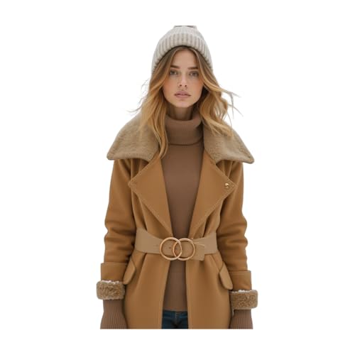 Women Beige Taupe Elastic Fashion Belt - Hip High Waist Big Circle Metal Buckles S M z013