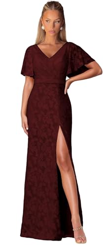 Jacquard Bridesmaid Dresses for Women V Neck Wedding Guest Dress with Sleeves Long Formal Gown