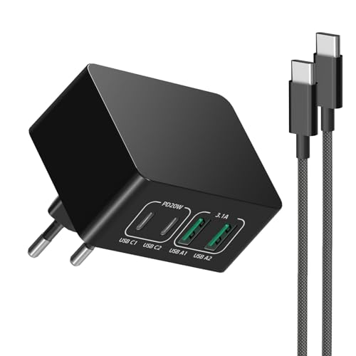 40W USB C Wandladegerät, 4Port QC&PD3.0 Falt USB Ladegerät mit 2M USB C Kabel, Schnellladestecker Multiport Power Adapter Wandstecker Kompatibel mit Handy Samsung, Pixel, Tablets, Smartwatch(Schwarz)