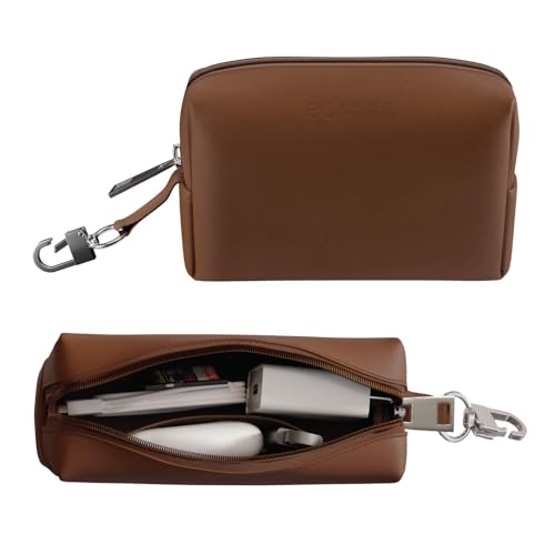 Image of eo Travel Organizer Pouch | Toiletry Pouch for Men & Women | Mini Cable Organiser Bag for Travel, Tech, Charger & Laptop Cable Pouches with Carabiner, Super Smooth Zipper (Brown)