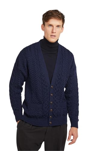 Men's Irish Cable Knit Cardigan Sweater, 100% Soft Merino Wool, V-Neck Buttoned with Pockets, Clare Island