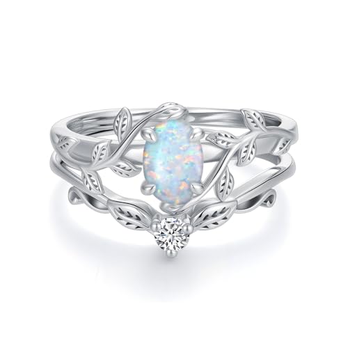 1ct Oval Opal Engagement Rings for Women Genuine Opal Rings Set 925 Sterling Silver 2pcs Art Deco Vine Leaf Wedding Ring Sets Anniversary Promise Ring