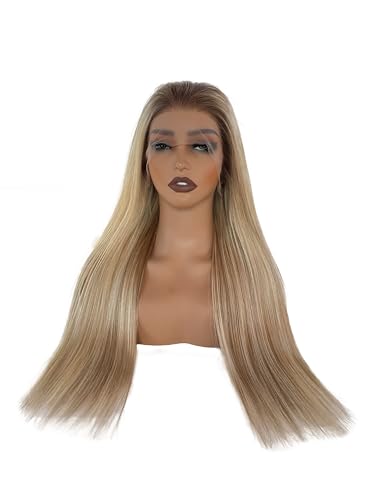 Image of Munx Ombre Highlight Ash Blonde Lace Wigs, Pre Plucked HD Transparent 13x6 Lace Front Human Hair Wigs for White Women Full Ends 180% Balayage Blonde with Brown Lace Frontal Wigs 18 In