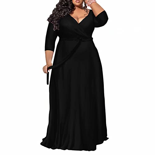 Plus Size Dress for Women - 3/4 Sleeve V-Neck Maxi Dress for Women with Belt and Pockets （2XL-6XL2