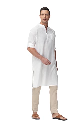 TURETRENDY Men's Kaftan Robe Long Sleeve Henley Thobe Casual Side Split Gown Long Tunic Shirt with Pockets4