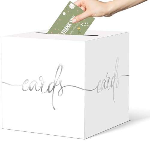CINSOEN White Card Box with Silver Foil Design - Wedding, Party, Graduation & Baby Showers, Raffle Ticket & Money Box