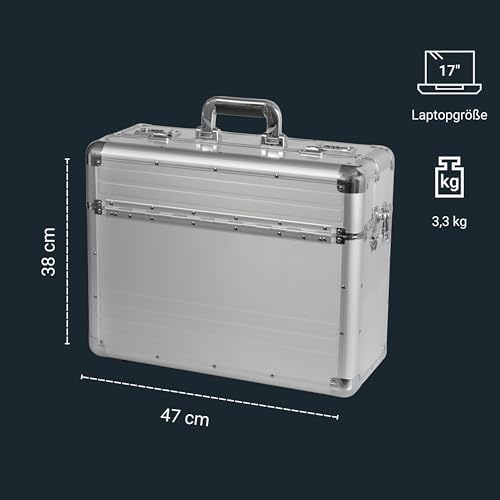 ALUMAXX 45119 Pilotenkoffer BETHA, Piloten Koffer aus glattem Aluminium, Dokumentenkoffer Alu, Aktenkoffer mit Zahlenschloss, Koffer 47 cm, Businesskoffer für 17" Notebooks, Silber, 47 x 38 x 20 cm