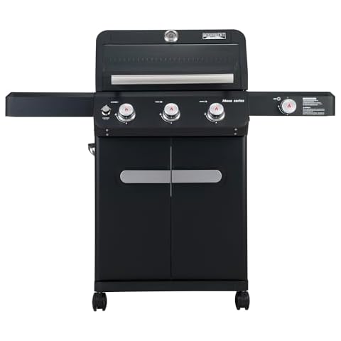 Monument Grills Outdoor Barbecue Stainless Steel 3 Burner Propane Gas Grill, 48,000 BTU Patio Garden Grill with Side Burner and Knob Controls, Mesa325, Black Cover