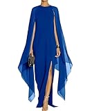 LicsHerbs Women's Plus Size Elegant High Split Flare Sleeve Formal Evening Gowns Maxi Dress with Cape,Blue,1X