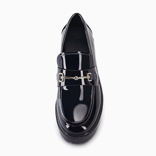 Image of VETASTE Women's Platform Chunky Heel Loafers Slip on Business Casual Shoes | Classic Closed Round Toe, Lug Sole, Work Office Uniform Oxfords, Metal Chain