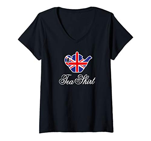 teapot flag - Womens Funny British Tea Shirt UK teapot Union Jack flag tea pun V-Neck T-Shirt