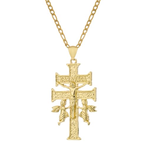 14K White Gold Plated Holy Jesus Crucifix Cross Religious Cruz De Caravaca Double Cross with Angels Pendant Necklace for Women Men (gold-large chain length: 22+2)