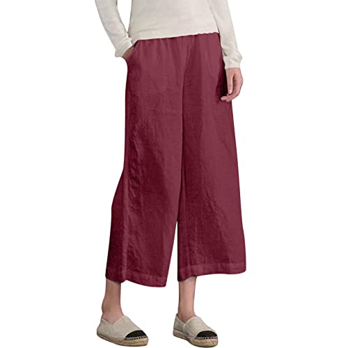 UOKNICE Capri Pants for Women, Women Fashion Casual Elastic Waist Linen Loose Trousers Wide Leggings Pants Capri Pants