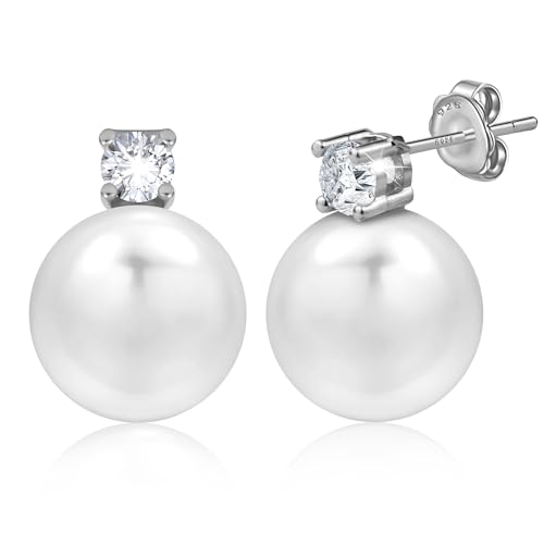 Pearl Stud Earrings 925 Sterling Silver Post Hypoallergeni White Gold Plated 5A Cubic Zirconia Stud Earrings for Women 10MM