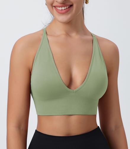 Image of Deep V-Neck Adjustable Women's Sports Bra | Wireless Longline Strappy Criss Cross Padded Spaghetti Straps Light Impact Workout Yoga Crop Top