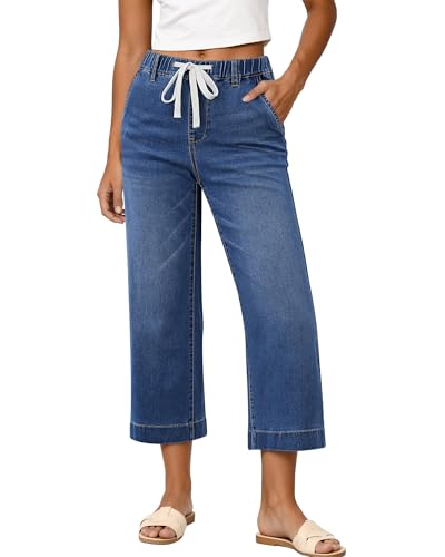 GRAPENT Summer Clothes for Women Wide Leg Cropped Jeans for Women Womens Draw String Capri Denim Timeless Blue Large Fits US Size 12 to 14