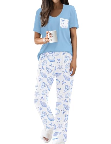 Image of Ekouaer Pajama Sets for Women 2 Piece Short Sleeve Pj V Neck Chest Pocket | Ladies Pajama Sets with Printed Long Pants, Soft Matching Pj Sleepwear, Casual Loose Fall Loungewear, S-XXL