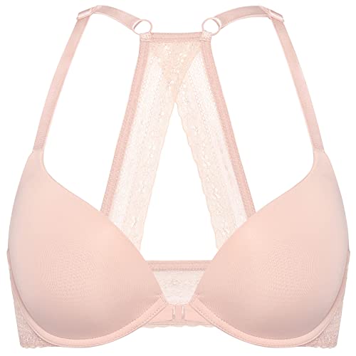 Image of DOBREVA Women's Push Up Bra Racerback Front Closure Bras Plunge Underwire Tshirt Padded Lace