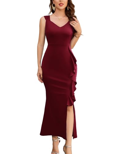 Image of Dressystar 2026 Women's V Neck Bodycon Mermaid Formal Evening Maxi Dress | Summer Wedding Guest,Cocktail Dresses for Women,Long Gown,Mermaid Split Ruffle Design ,Sleeveless,comfort and medium stretch