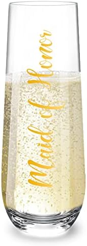 Qooenz Stemless Champagne Flutes For Maid Of Honor, 9.3oz Champagne Glasses, Durable Mimosa Cocktail Glasses, Proposal Gifts For Bridal Shower Bachelorette Party Wedding Day
