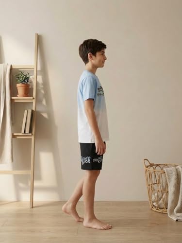 Image of Li'l Tomatoes Boys 100% Cotton Night Suit Set | Half Sleeve T-Shirt & Shorts | Color Block & Typography Print | Soft & Breathable Sleepwear | Casual Summer Wear | 9-16 Years