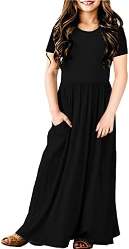 Girls Long Dresses Black Cotton Short Sleeve Floor Length Party Dress with Pockets 9-10 Years