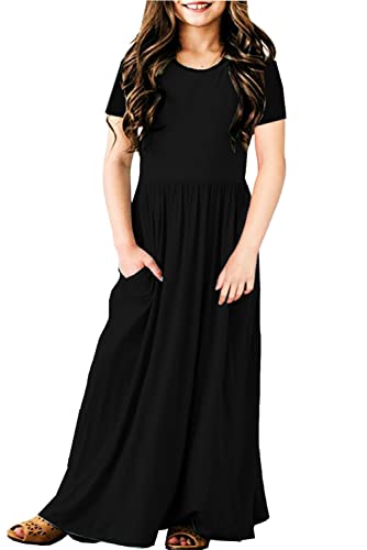 Deerose Girls Maxi Dresses Holiday Long Dress Short Sleeve with Pockets 5-14 Years