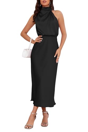 Image of Women's Satin Maxi Dress Summer Formal Wedding Guest Cocktail Dress | Mock Neck Sleeveless,Elegant Silk Midi Long Dress,High Neck,Halter,Aline,Bridesmaid,Bridal Shower Guest,Garden Party,Dinner