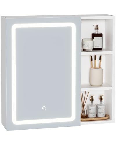 Armoire Miroir de Salle de Bain, avec LED, Meuble Mural Toilette Rangement avec 2 Étagères Ouvertes Latérales Réglables, Prise et Éclairage Orientable avec Interrupteur Tactile, 15 x 60 x 60 cm, Blanc