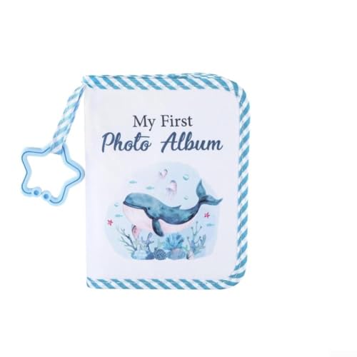 KHIronHive Album fotografico morbido con stampa animalier con specchio interattivo, libro fotografico in tessuto di poliestere per foto da 10 x 15 cm, sviluppo sensoriale per neonati e bambini, blu