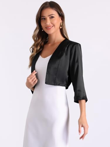 Allegra K Satin Cardigan for Women's 3/4 Sleeve Open Front Cropped Office Work Bolero Shrug4